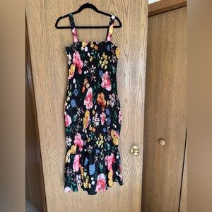 Black Floral Midi Dress with Ruffle Hem